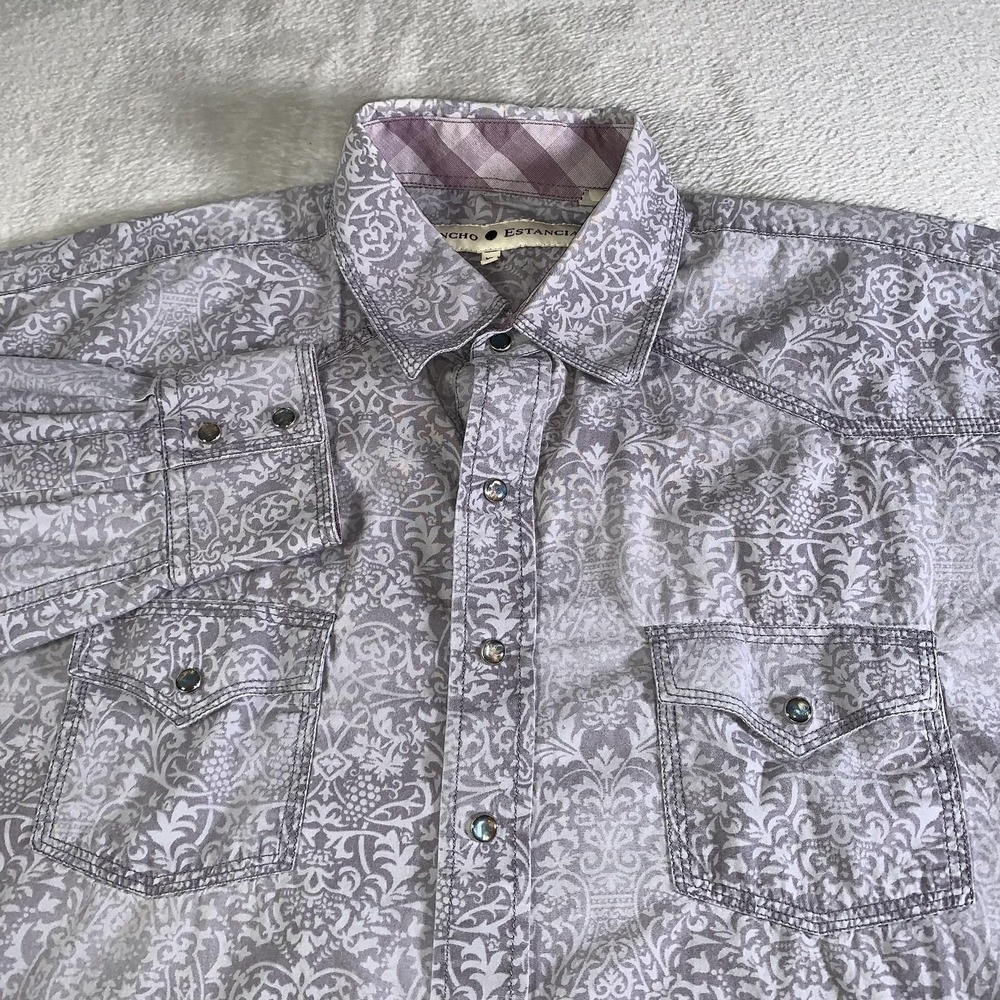 Rancho Estancia Shirt Mens XL Gray Floral Western‎ Pearl Snap Baroque Boho LS